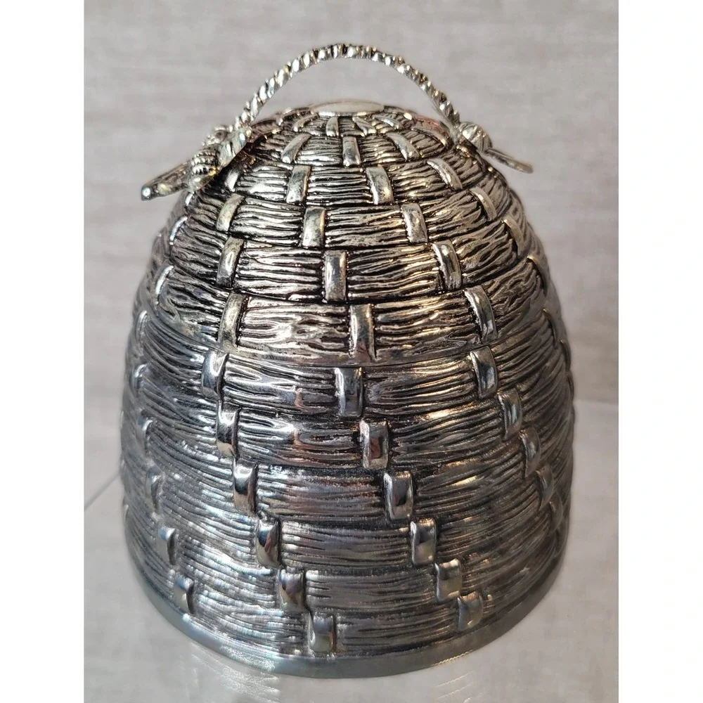 Godinger Art Beehive Honey Pot w/ Lid & Bee Honey Dipper Silver Plate Complete